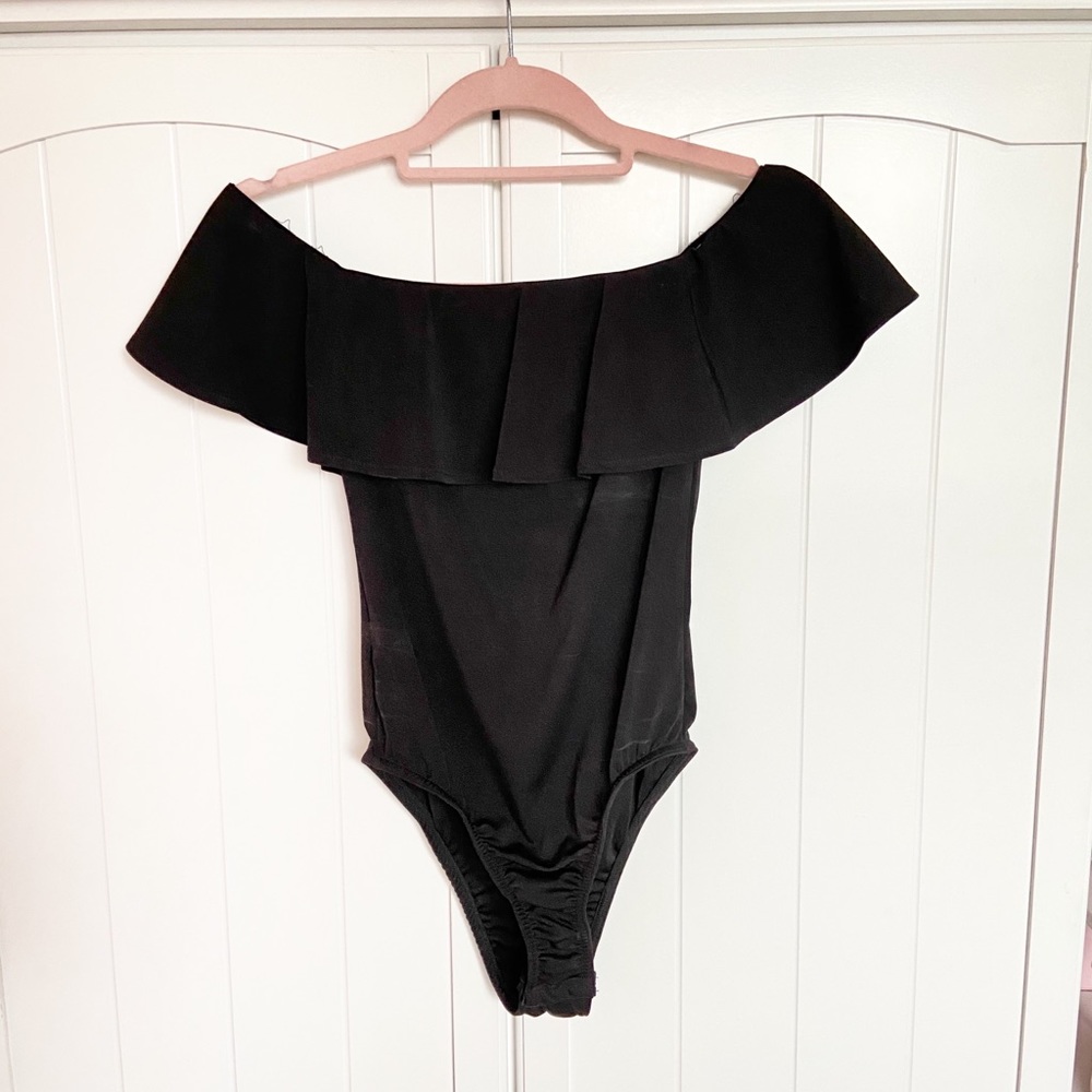 Black ruffle off shoulder bodysuit
